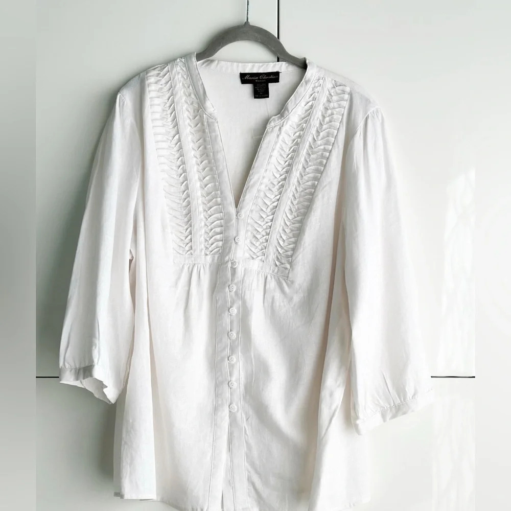 Marisa Christina Linen Blend White Pintuck Button Blouse Boho Cottagecore Top 1X